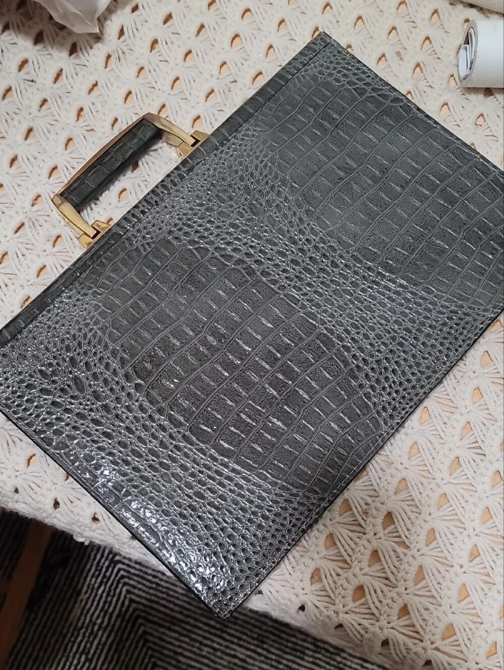 Croc-Embossed Structured Top-Handle Bag in Dark Gray